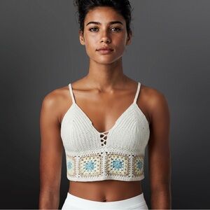 Crochet Cream Crop Bralette with Pastel Blue Accents Sz XS